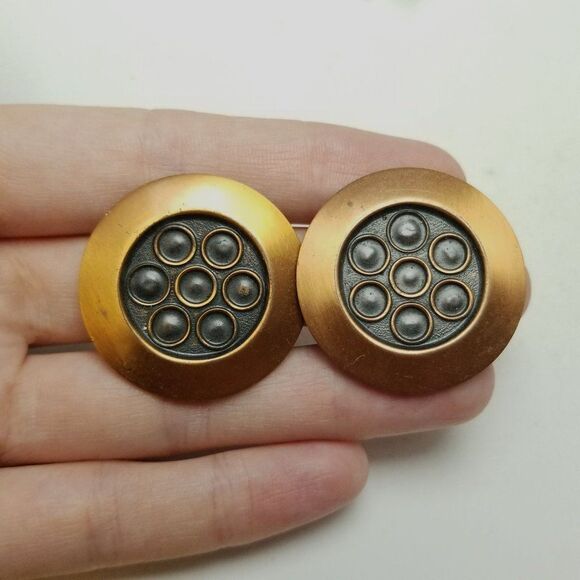 Vintage Copper Color Midcentry Style Disc Shape Clip On Earrings, Retro Estate - Picture 1 of 6
